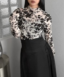 【LVEU.】ベロアレースシアートップス / トップス カットソー シアー レース ベロア ハイネック 長袖 花柄 ボタニカル柄 フラワー レイヤード インナー モード ブラック アイボリー