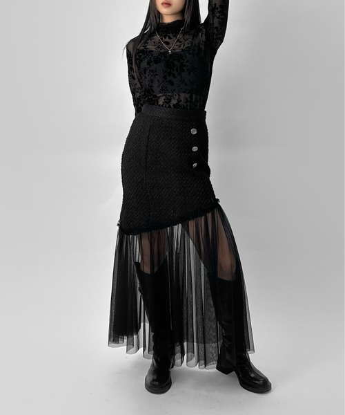LVEU.(ラブユ.)の「【LVEU.】ベロアレースシアートップス / トップス カットソー シアー レース ベロア ハイネック 長袖 花柄 ボタニカル柄 フラワー レイヤード インナー モード ブラック アイボリー(Tシャツ/カットソー・レディース・ブラック/アイボリー・FREE)」の20枚目の写真