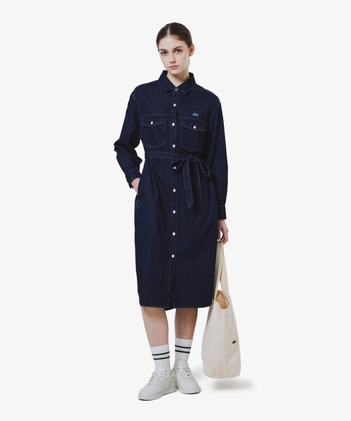 セール】ロングデニムシャツドレス / シャツワンピース ウエストベルト