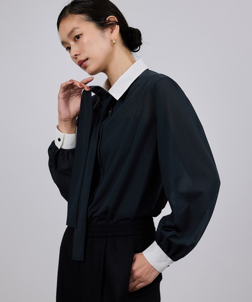 ROPE'(ロペ)の「シアートリコットボウタイシャツブラウス/イージーケア(シャツ/ブラウス・レディース・ネイビー/ホワイト・FREE)」の8枚目の写真