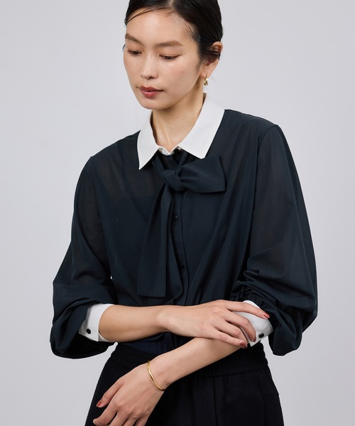ROPE'(ロペ)の「シアートリコットボウタイシャツブラウス/イージーケア(シャツ/ブラウス・レディース・ネイビー/ホワイト・FREE)」の14枚目の写真