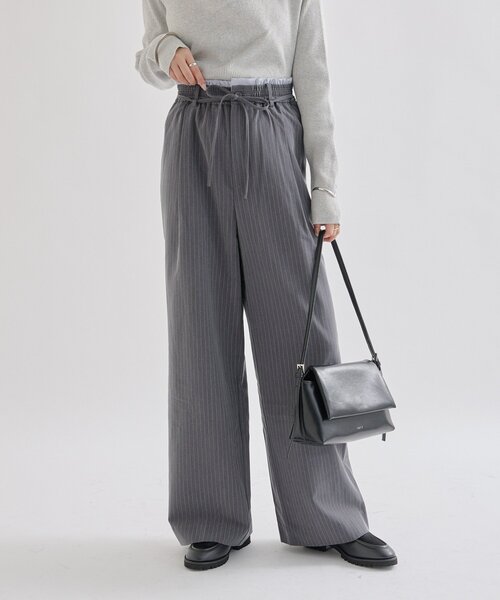 mystic（ミスティック）の「【4サイズ展開/ストライプ柄、無地 / ウエストの配色がポイント】Wベルトパンツ（スラックス・レディース・チャコールグレー/ブラウン/グレー/アイボリー/ネイビー/オフホワイト・1/2/0/SHORT）」の19枚目の写真