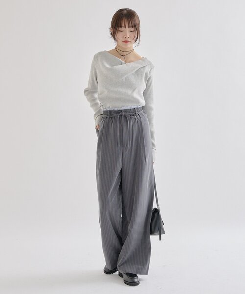 mystic（ミスティック）の「【4サイズ展開/ストライプ柄、無地 / ウエストの配色がポイント】Wベルトパンツ（スラックス・レディース・チャコールグレー/ブラウン/グレー/アイボリー/ネイビー/オフホワイト・1/2/0/SHORT）」の21枚目の写真