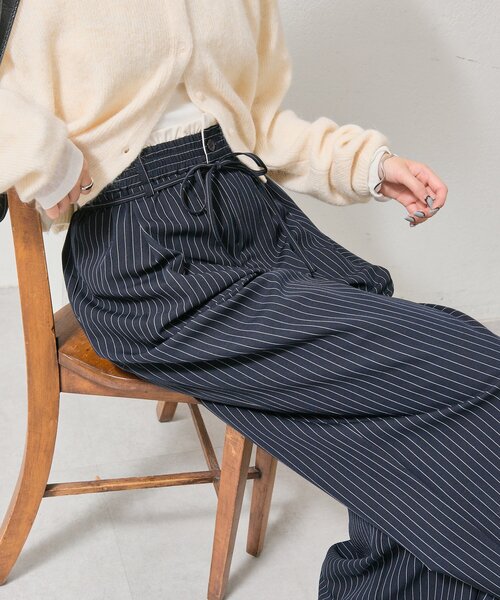 mystic（ミスティック）の「【4サイズ展開/ストライプ柄、無地 / ウエストの配色がポイント】Wベルトパンツ（スラックス・レディース・チャコールグレー/ブラウン/グレー/アイボリー/ネイビー/オフホワイト・1/2/0/SHORT）」の12枚目の写真