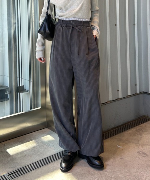 mystic（ミスティック）の「【4サイズ展開/ストライプ柄、無地 / ウエストの配色がポイント】Wベルトパンツ（スラックス・レディース・チャコールグレー/ブラウン/グレー/アイボリー/ネイビー/オフホワイト・1/2/0/SHORT）」の7枚目の写真