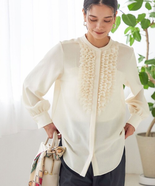 洗濯機可能〉ポリエステル カルゼ フリル ブラウス（シャツ/ブラウス