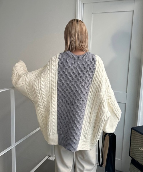 CFT.（シフト）の「ハニカムケーブルコンビニット（ニット/セーター・レディース・ブラック×グリーン/ホワイト×グレー・FREE）」の2枚目の写真