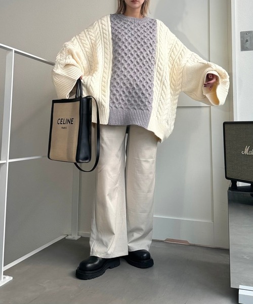 CFT.（シフト）の「ハニカムケーブルコンビニット（ニット/セーター・レディース・ブラック×グリーン/ホワイト×グレー・FREE）」の3枚目の写真