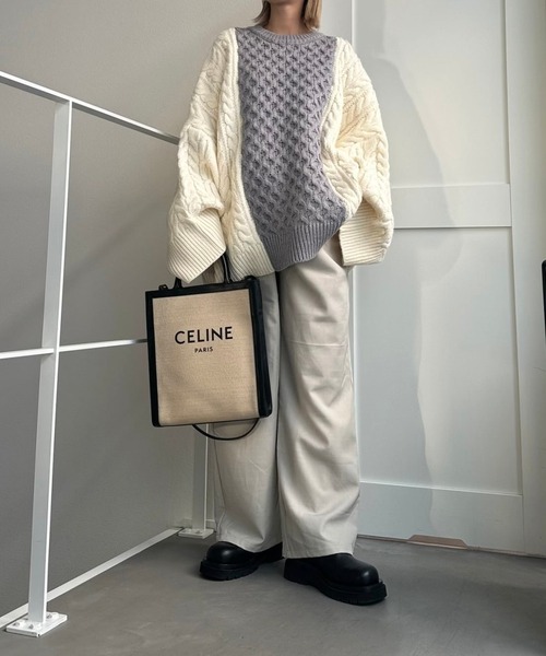 CFT.（シフト）の「ハニカムケーブルコンビニット（ニット/セーター・レディース・ブラック×グリーン/ホワイト×グレー・FREE）」の7枚目の写真