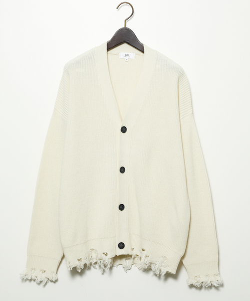 AH ABAHOUSE（エーエイチアバハウス）の「【AH ABAHOUSE】畦編み ダメージニットカーディガン（カーディガン/ボレロ・メンズ・グレー/ブラック/ホワイト・46/48）」の2枚目の写真