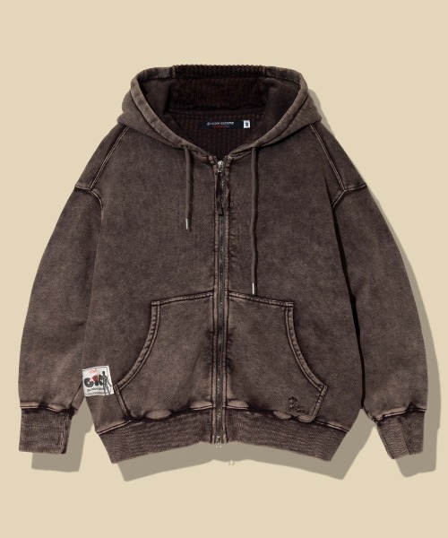 go slow caravan(ゴースローキャラバン)の「MIX FAB ルーズスウェットZIPパーカー HARD PIGMENT DYE(パーカー・メンズ・ダークブラウン/カーキ・LARGE/MEDIUM)」の2枚目の写真