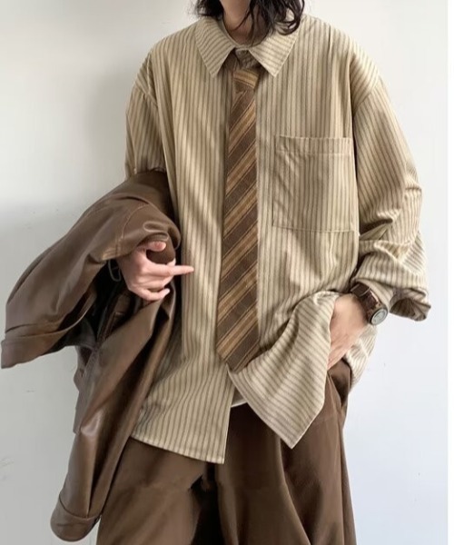 link lot(リンクロット)の「【26春夏新作アイテム】カットベロアヴィンテージライクストライプシャツ(シャツ/ブラウス・メンズ・ブラウン/ベージュ・M/L)」の8枚目の写真