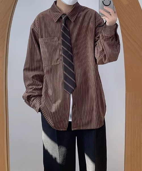 link lot(リンクロット)の「【26春夏新作アイテム】カットベロアヴィンテージライクストライプシャツ(シャツ/ブラウス・メンズ・ブラウン/ベージュ・M/L)」の3枚目の写真