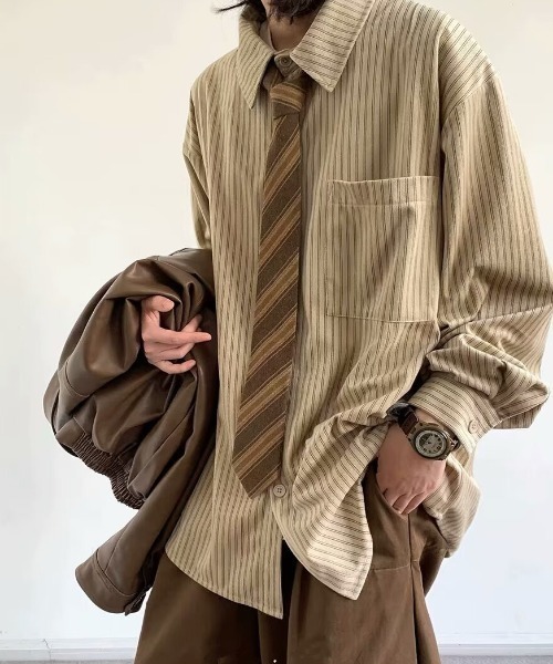 link lot(リンクロット)の「【26春夏新作アイテム】カットベロアヴィンテージライクストライプシャツ(シャツ/ブラウス・メンズ・ブラウン/ベージュ・M/L)」の6枚目の写真