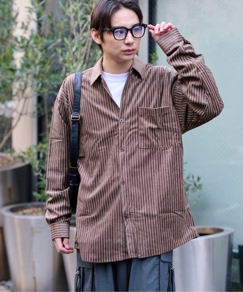 link lot(リンクロット)の「【26春夏新作アイテム】カットベロアヴィンテージライクストライプシャツ(シャツ/ブラウス・メンズ・ブラウン/ベージュ・M/L)」の16枚目の写真