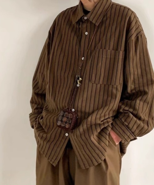 link lot(リンクロット)の「【26春夏新作アイテム】カットベロアヴィンテージライクストライプシャツ(シャツ/ブラウス・メンズ・ブラウン/ベージュ・M/L)」の19枚目の写真
