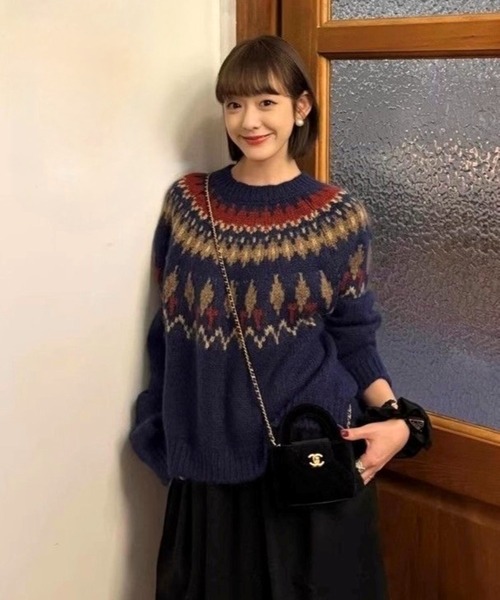 CANVAS+(キャンバスプラス)の「【CANVAS+】ノルディック柄ニットプルオーバー(ニット/セーター・レディース・グレー/ネイビー・M)」の3枚目の写真
