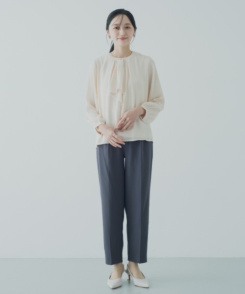 Petitjo(プッチージョ)の「小さいサイズ 配色ラッフルブラウス 低身長さん・小柄女性(シャツ/ブラウス・レディース・オフホワイト/ベビーピンク・PSS/PS/PM/PL)」の6枚目の写真