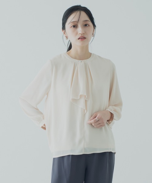 Petitjo(プッチージョ)の「小さいサイズ 配色ラッフルブラウス 低身長さん・小柄女性(シャツ/ブラウス・レディース・オフホワイト/ベビーピンク・PSS/PS/PM/PL)」の8枚目の写真