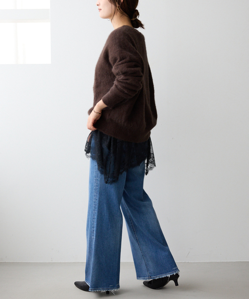 SLOBE IENA（スローブイエナ）の「《追加4》レースコンビカットソー（Tシャツ/カットソー・レディース・ブラック/ホワイト・FREE）」の4枚目の写真