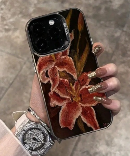 ユリの花プリント グランジ風スマホケース iPhone14 iPhone15 iPhone16