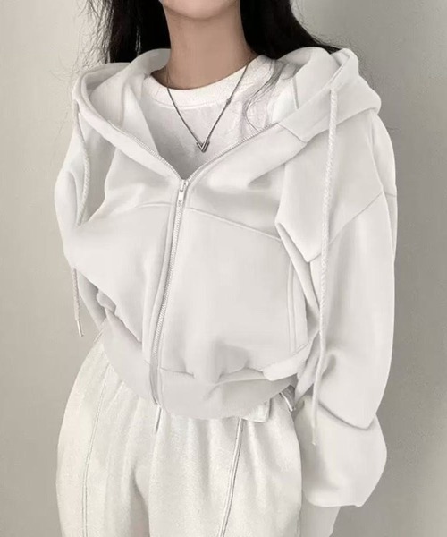 NANEA（ナネア）の「裏起毛クロップド丈ジップパーカー（パーカー・レディース・グレー/ブルー/チャコールグレー/ブラック/ホワイト/オートミール・LARGE/MEDIUM/X-LARGE）」の18枚目の写真