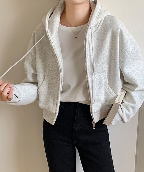 NANEA（ナネア）の「裏起毛クロップド丈ジップパーカー（パーカー・レディース・グレー/ブルー/チャコールグレー/ブラック/ホワイト/オートミール・LARGE/MEDIUM/X-LARGE）」の15枚目の写真
