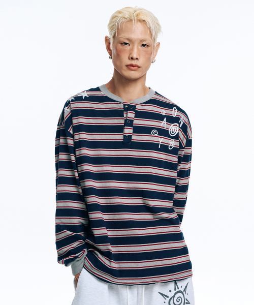 EASY NO EASY(イージーノーイージー)の「ピグメントストライプヘンリーネックロングスリーブ-グレー(Tシャツ/カットソー・レディース・グレー・2/FREE)」の1枚目の写真