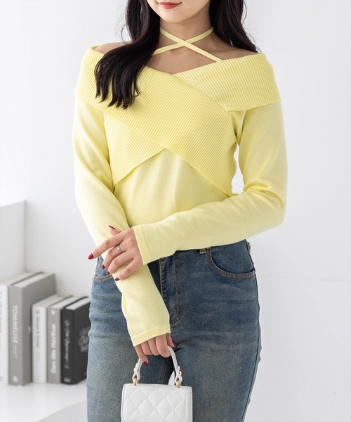 clear（クリア）の「2wayフロントクロスリブニットトップス[カジュアル 着回し抜群 大人]（ニット/セーター・レディース・グレー/イエロー/アイボリー/ブラック・F）」の4枚目の写真