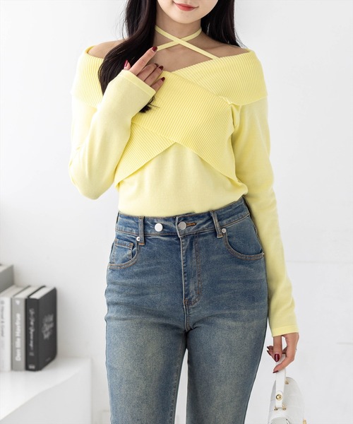 clear（クリア）の「2wayフロントクロスリブニットトップス[カジュアル 着回し抜群 大人]（ニット/セーター・レディース・グレー/イエロー/アイボリー/ブラック・F）」の21枚目の写真