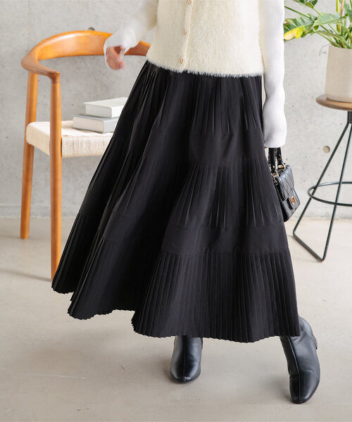 Petitle（プチレ）の「[ 低身長向けサイズ ] タフタプリーツスカート（スカート・レディース・ブラック/オフホワイト・PM）」の2枚目の写真