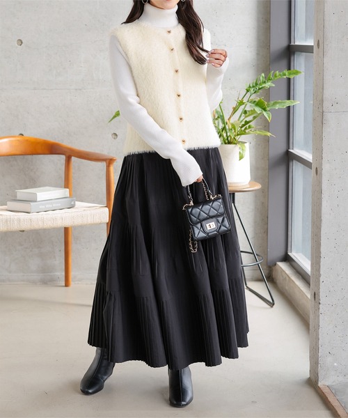 Petitle（プチレ）の「[ 低身長向けサイズ ] タフタプリーツスカート（スカート・レディース・ブラック/オフホワイト・PM）」の5枚目の写真