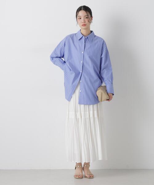 ナノユニバース　WEB限定　袖ボリュームブラウス　ストライプ　夏服　セール NANO universe（ナノ・ユニバース） ブラウス シャツ ブロードワイド
