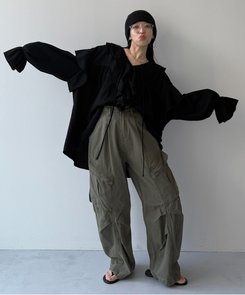 wee9s（ウィークス）の「WAFFRILL TOPS / ワッフリル,ワッフルフリルトップス（シャツ/ブラウス・レディース・ブラック/アイボリー/グレー/グレー系その他/ピンク・FREE）」の3枚目の写真