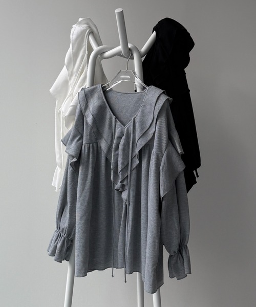 wee9s（ウィークス）の「WAFFRILL TOPS / ワッフリル,ワッフルフリルトップス（シャツ/ブラウス・レディース・ブラック/アイボリー/グレー/グレー系その他/ピンク・FREE）」の7枚目の写真