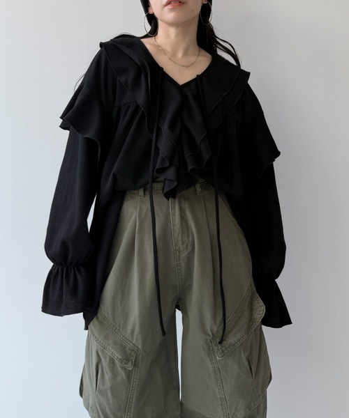 wee9s（ウィークス）の「WAFFRILL TOPS / ワッフリル,ワッフルフリルトップス（シャツ/ブラウス・レディース・ブラック/アイボリー/グレー/グレー系その他/ピンク・FREE）」の21枚目の写真