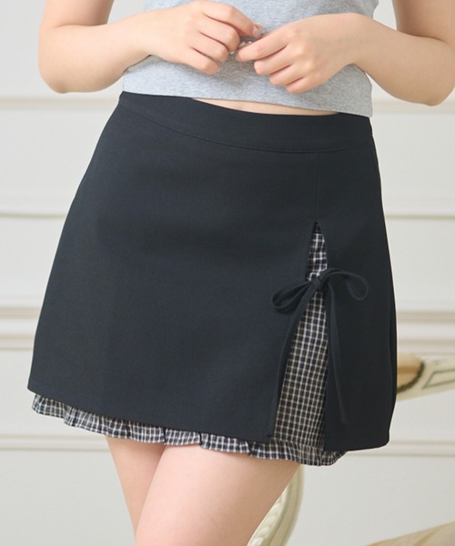 Anely(アネリー)の「配色 チェック レイヤード ミニ スカート(スカート・レディース・ブラック/グレー・S/M/L/XL)」の1枚目の写真
