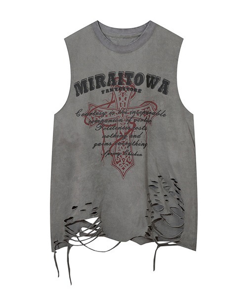 Ressaca(レサーカ)の「ダメージ加工クロスプリントノースリーブTシャツ(Tシャツ/カットソー・メンズ・グレー/ブラック・M/L/XL)」の2枚目の写真