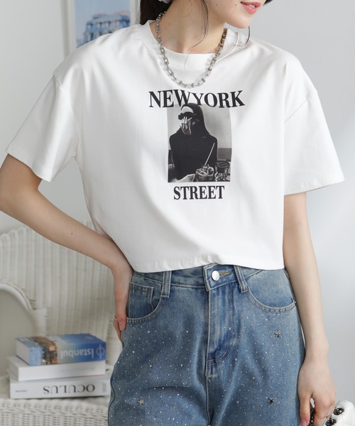 pumpkin port(パンプキンポート)の「NEW YORK ロゴプリント ショート丈半袖Tシャツ(Tシャツ/カットソー・レディース・ブラック/ホワイト・M)」の5枚目の写真