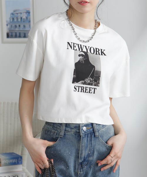 pumpkin port(パンプキンポート)の「NEW YORK ロゴプリント ショート丈半袖Tシャツ(Tシャツ/カットソー・レディース・ブラック/ホワイト・M)」の6枚目の写真