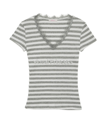 HETIT（ヘティ）の「レースストライプ半袖Tシャツ（ライトグレー）（Tシャツ/カットソー）」