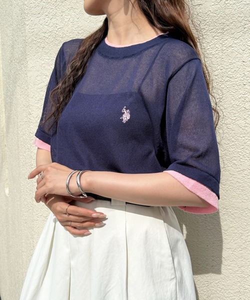 U.S. POLO ASSN.(ユーエスポロアッスン)の「【U.S. POLO ASSN.】着痩せ/体型カバー ワンポイント刺繍 配色レイヤードトップスニットTシャツ(Tシャツ/カットソー・レディース・ブルー/ネイビー/ブラウン・S/M)」の2枚目の写真