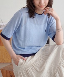 【U.S. POLO ASSN.】着痩せ/体型カバー ワンポイント刺繍 配色レイヤードトップスニットTシャツ