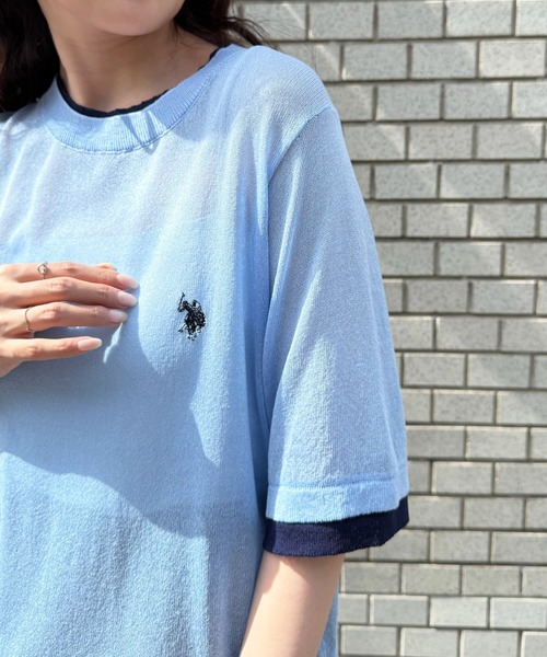 U.S. POLO ASSN.(ユーエスポロアッスン)の「【U.S. POLO ASSN.】着痩せ/体型カバー ワンポイント刺繍 配色レイヤードトップスニットTシャツ(Tシャツ/カットソー・レディース・ブルー/ネイビー/ブラウン・S/M)」の6枚目の写真