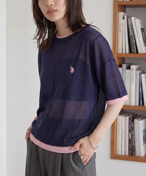 U.S. POLO ASSN.(ユーエスポロアッスン)の「【U.S. POLO ASSN.】着痩せ/体型カバー ワンポイント刺繍 配色レイヤードトップスニットTシャツ(Tシャツ/カットソー・レディース・ブルー/ネイビー/ブラウン・S/M)」の8枚目の写真