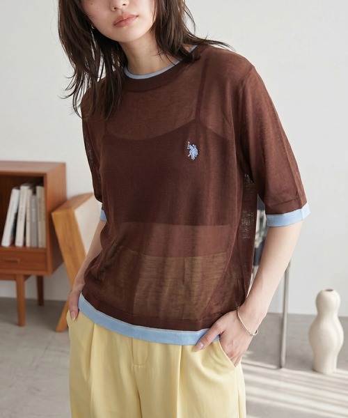 U.S. POLO ASSN.(ユーエスポロアッスン)の「【U.S. POLO ASSN.】着痩せ/体型カバー ワンポイント刺繍 配色レイヤードトップスニットTシャツ(Tシャツ/カットソー・レディース・ブルー/ネイビー/ブラウン・S/M)」の15枚目の写真