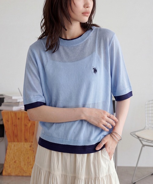 U.S. POLO ASSN.(ユーエスポロアッスン)の「【U.S. POLO ASSN.】着痩せ/体型カバー ワンポイント刺繍 配色レイヤードトップスニットTシャツ(Tシャツ/カットソー・レディース・ブルー/ネイビー/ブラウン・S/M)」の11枚目の写真