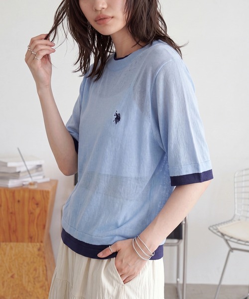 U.S. POLO ASSN.(ユーエスポロアッスン)の「【U.S. POLO ASSN.】着痩せ/体型カバー ワンポイント刺繍 配色レイヤードトップスニットTシャツ(Tシャツ/カットソー・レディース・ブルー/ネイビー/ブラウン・S/M)」の12枚目の写真