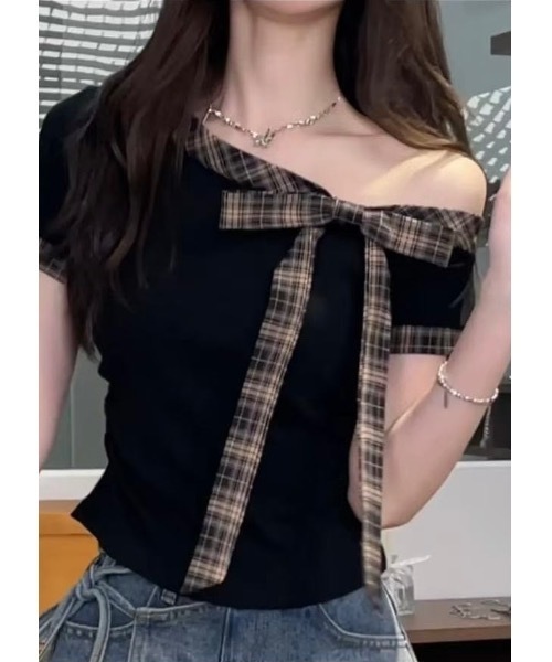 SALTMINT（ソルトミント）の「チェックリボン オフショルダーニットトップス（Tシャツ/カットソー・レディース・アイボリー/ブラック・FREE）」の2枚目の写真
