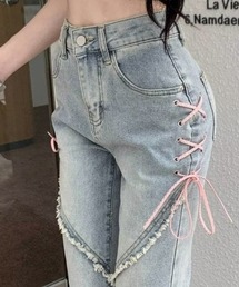 レースアップデザインフレアデニムパンツ